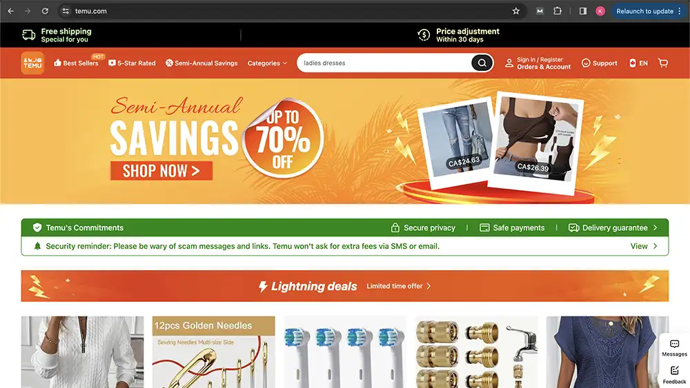 Temu homepage, a poor example of strategic use of white space